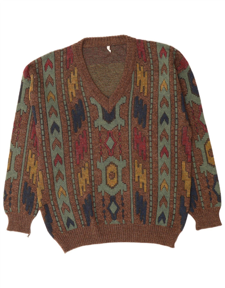VINTAGE Mens V-Neck Jumper Sweater IT 50 Medium Brown Geometric