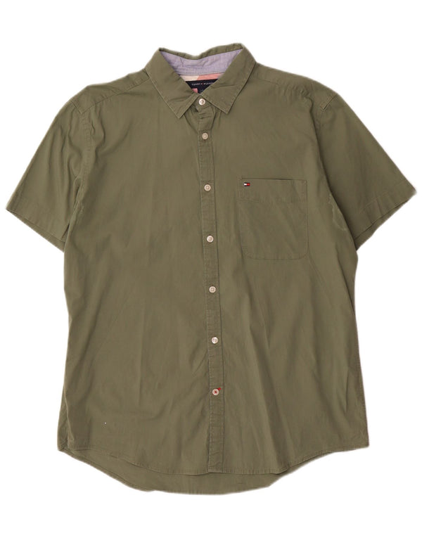 Tommy Hilfiger Mens Short Sleeve Slim Fit Shirt Large Green Cotton