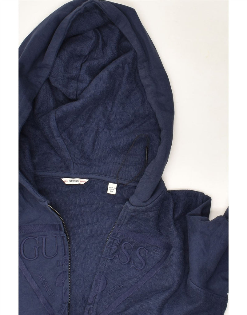 GUESS Womens Graphic Zip Hoodie Sweater UK 14 Medium Navy Blue Cotton | Vintage Guess | Thrift | Second-Hand Guess | Used Clothing | Messina Hembry 