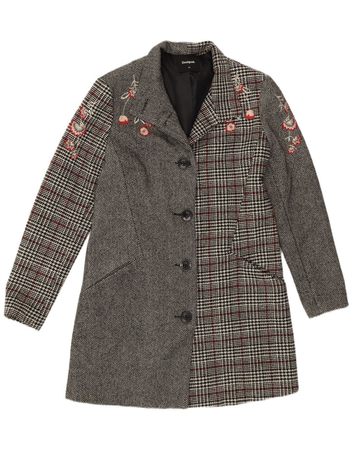 Desigual Womens Overcoat EU 40 Medium Grey Patchwork Polyester