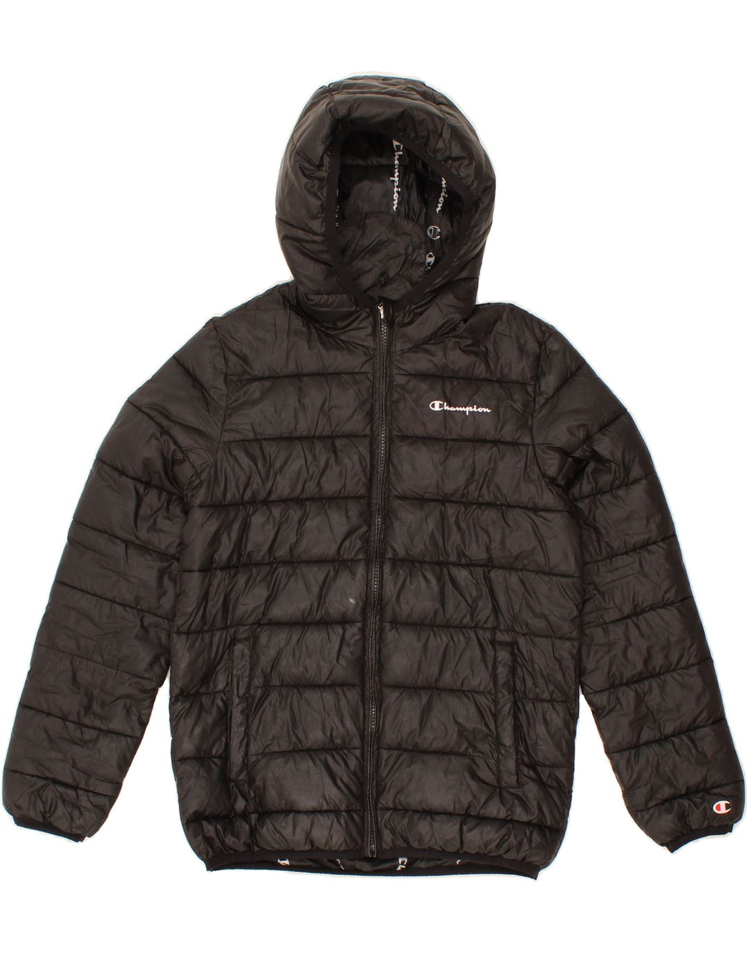 CHAMPION Boys Hooded Padded Jacket 11-12 Years Large Black Polyester Vintage Champion and Second-Hand Champion from Messina Hembry 