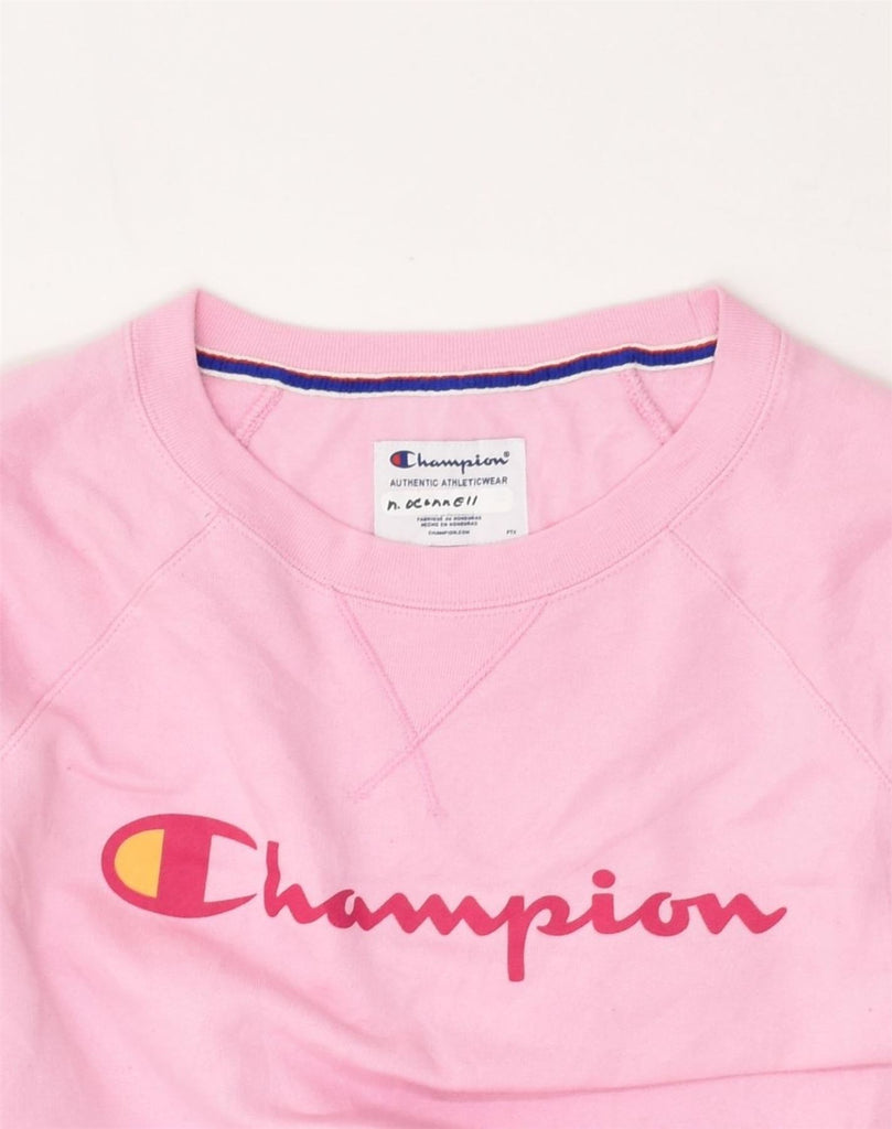 CHAMPION Womens Graphic Sweatshirt Jumper UK 16 Large Pink Cotton | Vintage Champion | Thrift | Second-Hand Champion | Used Clothing | Messina Hembry 