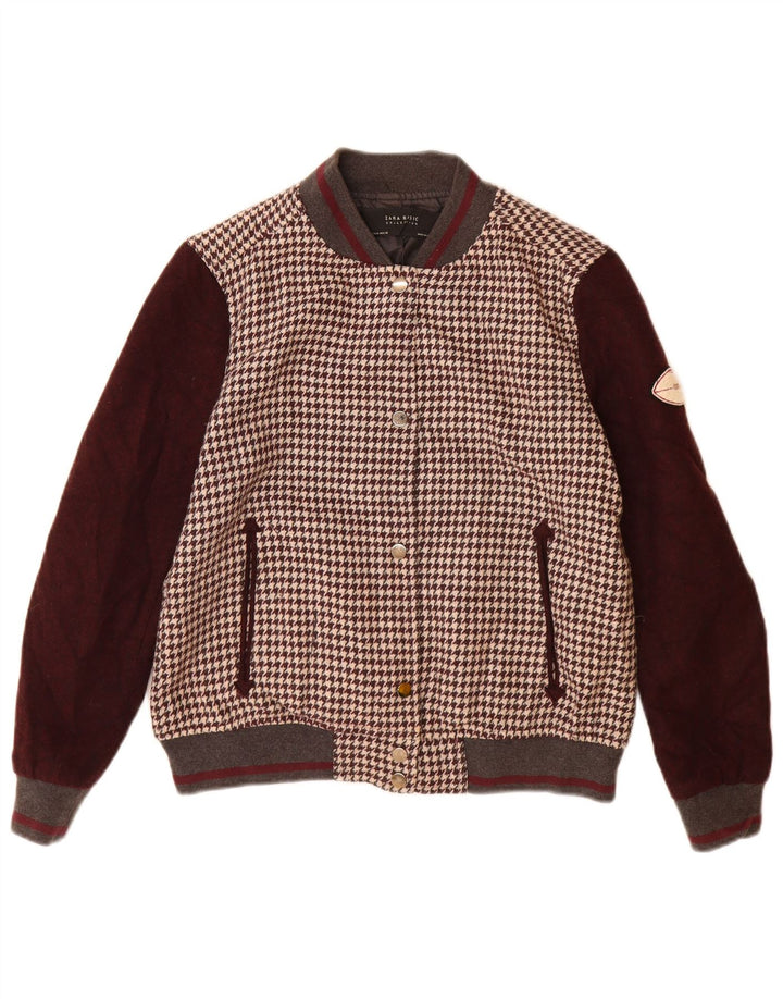 Zara Womens Varsity Jacket UK 14 Medium Brown Houndstooth Acrylic