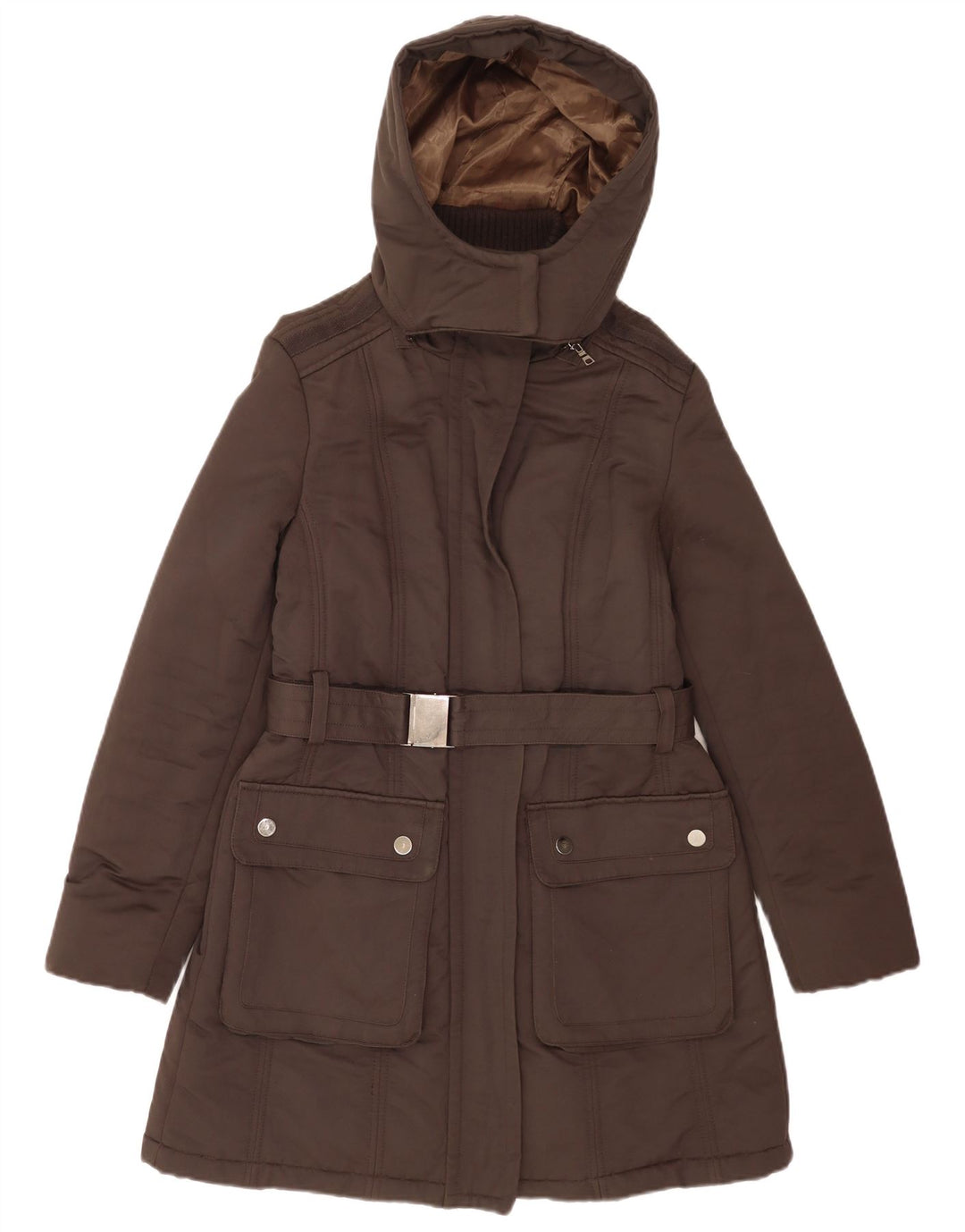 Zara Womens Hooded Parka Jacket UK 16 Large Brown Cotton