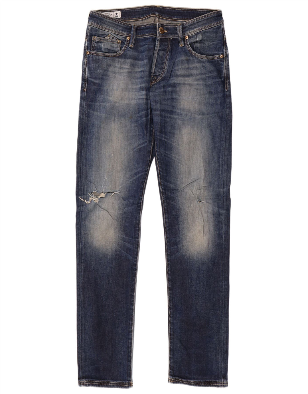 Uniform Mens Graphic Distressed Slim Jeans W32 L33 Blue Cotton