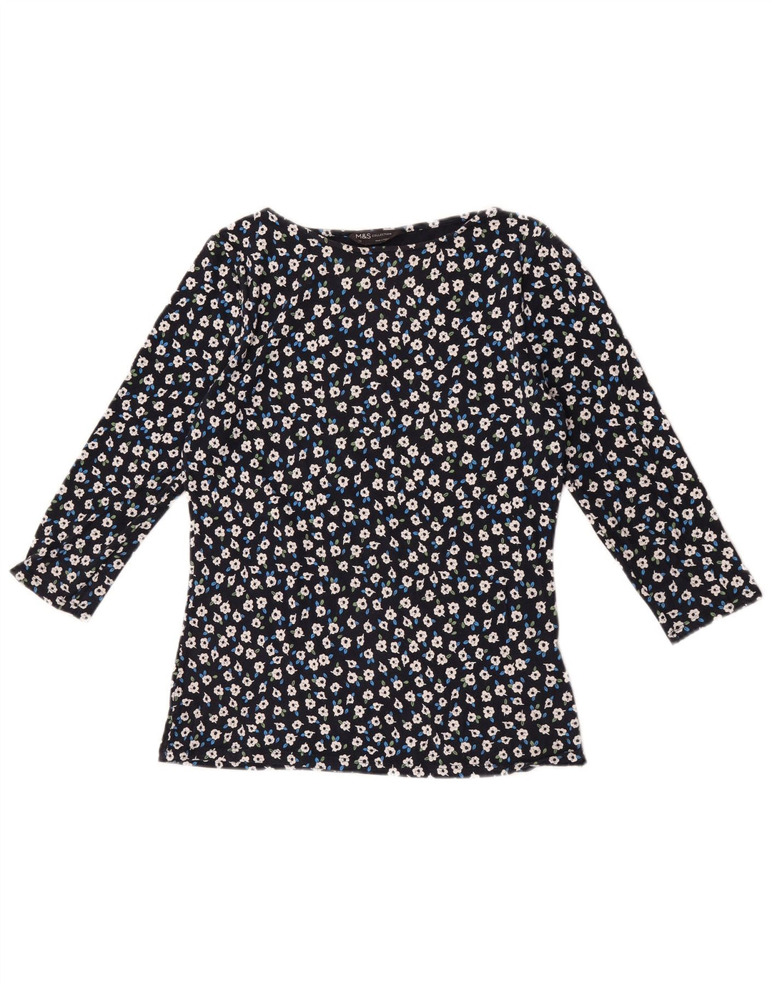 Marks & Spencer Womens Top 3/4 Sleeve UK 12 Medium  Navy Blue Floral Cotton