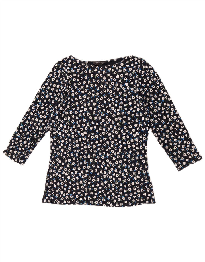 Marks & Spencer Womens Top 3/4 Sleeve UK 12 Medium  Navy Blue Floral Cotton