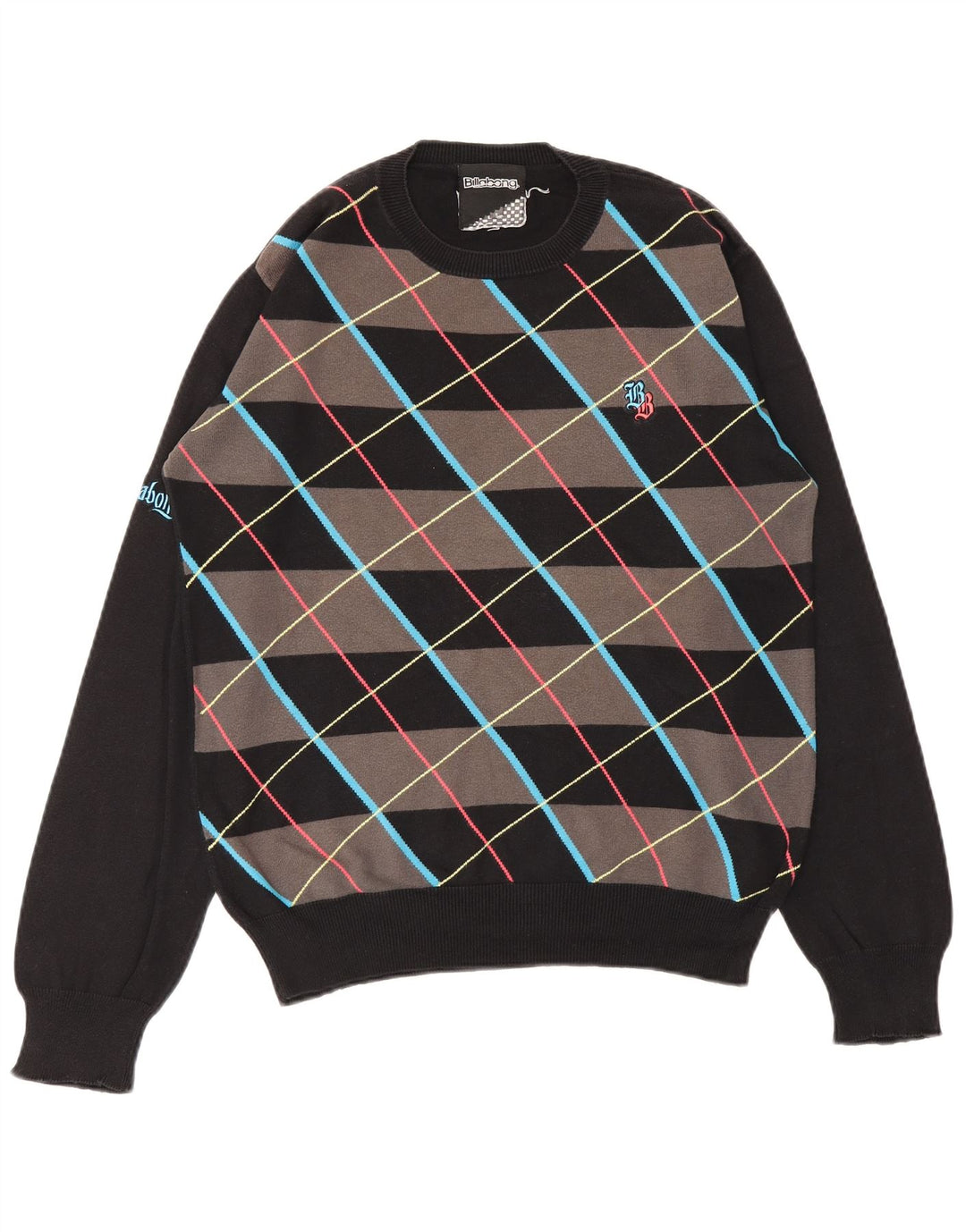 BILLABONG Mens Crew Neck Jumper Sweater Small Black Argyle/Diamond Cotton