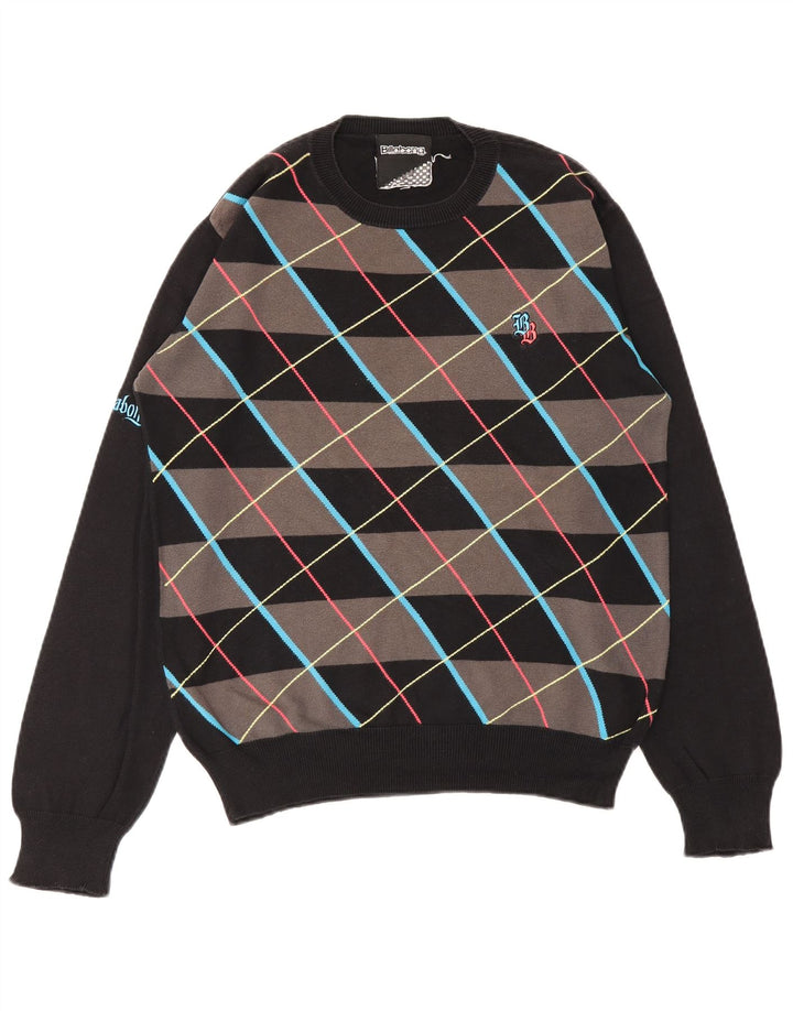 BILLABONG Mens Crew Neck Jumper Sweater Small Black Argyle/Diamond Cotton