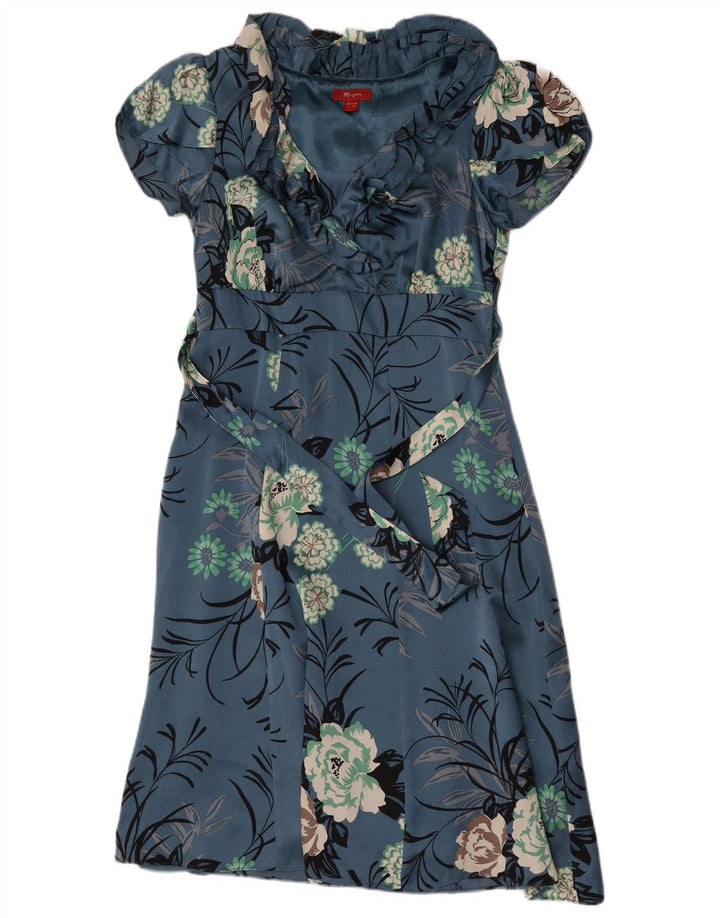 Monsoon Womens Ruffle Front A-Line Dress UK 12 Medium Blue Floral Silk