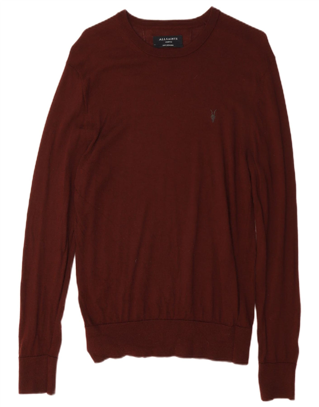 All Saints Mens Crew Neck Jumper Sweater Medium Burgundy Merino Wool