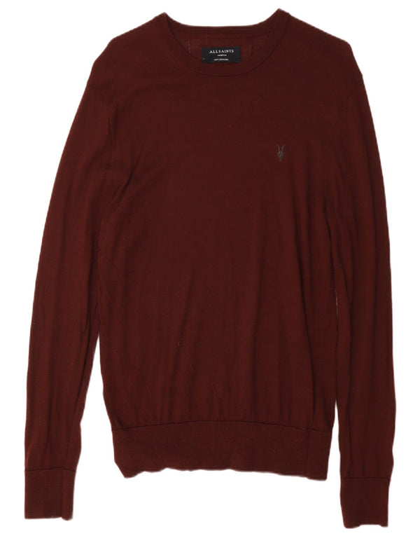 All Saints Mens Crew Neck Jumper Sweater Medium Burgundy Merino Wool