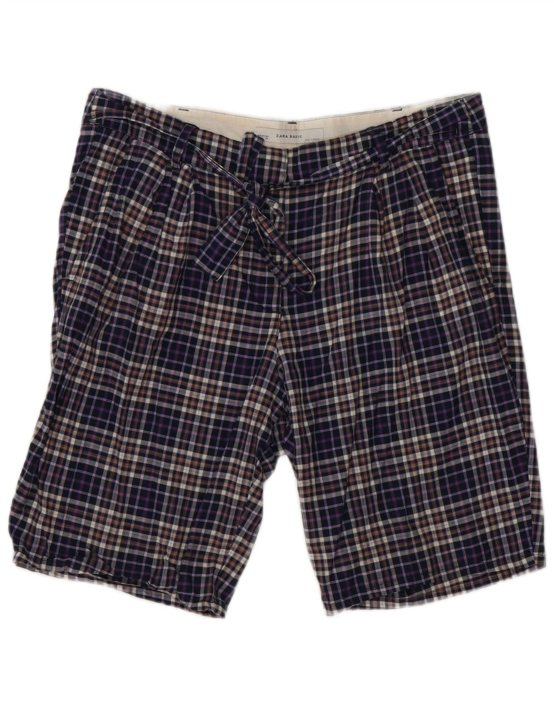 Zara Mens Chino Shorts Large W30 Navy Blue Check Cotton