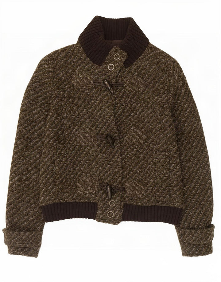 Zara Womens Duffle Bomber Jacket UK 14 Large Khaki Striped Wool