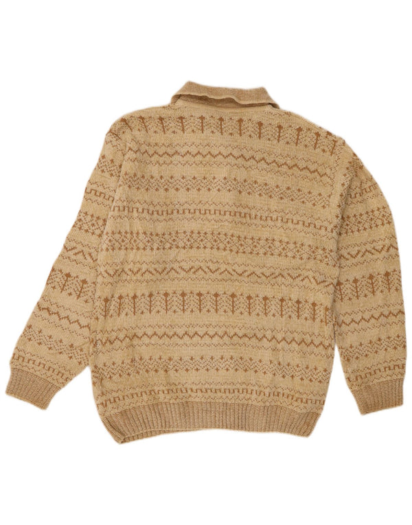 Vintage Mens Polo Neck Jumper Sweater Medium Beige Geometric Acrylic
