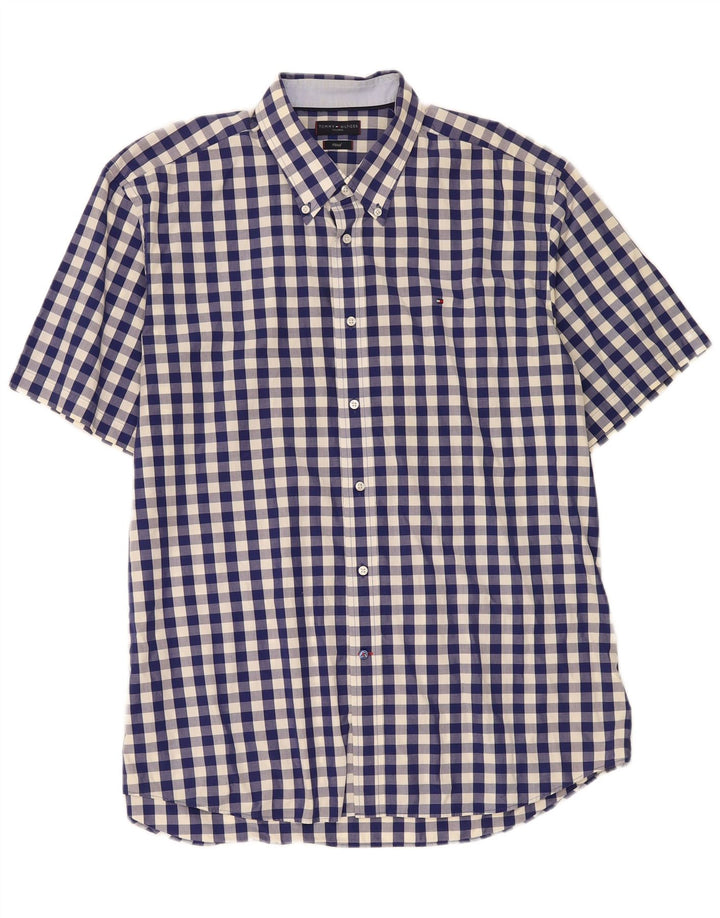 Tommy Hilfiger Mens Fitted Shirt Size 45 18 2XL Navy Blue Gingham