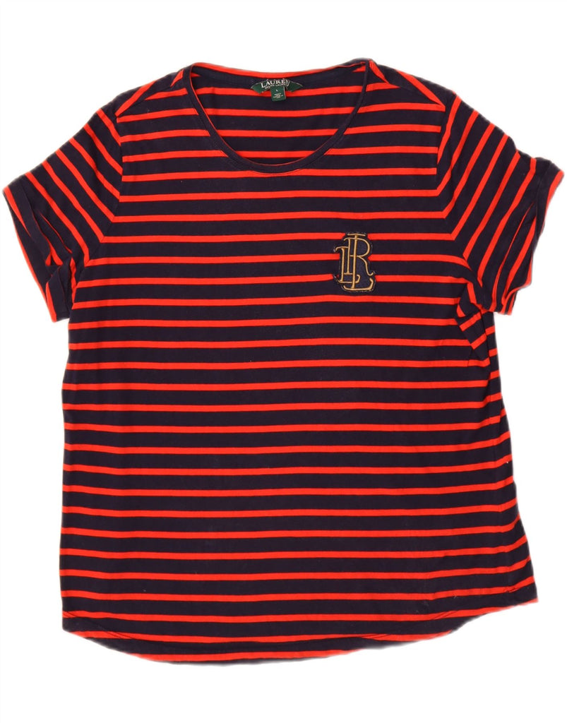 RALPH LAUREN Womens Graphic T-Shirt Top UK 16 Large Navy Blue Striped Vintage Ralph Lauren and Second-Hand Ralph Lauren from Messina Hembry 