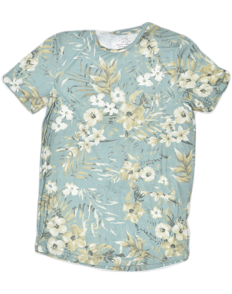 JACK & JONES Womens T-Shirt Top UK 14 Medium Blue Floral Cotton | Vintage | Thrift | Second-Hand | Used Clothing | Messina Hembry 