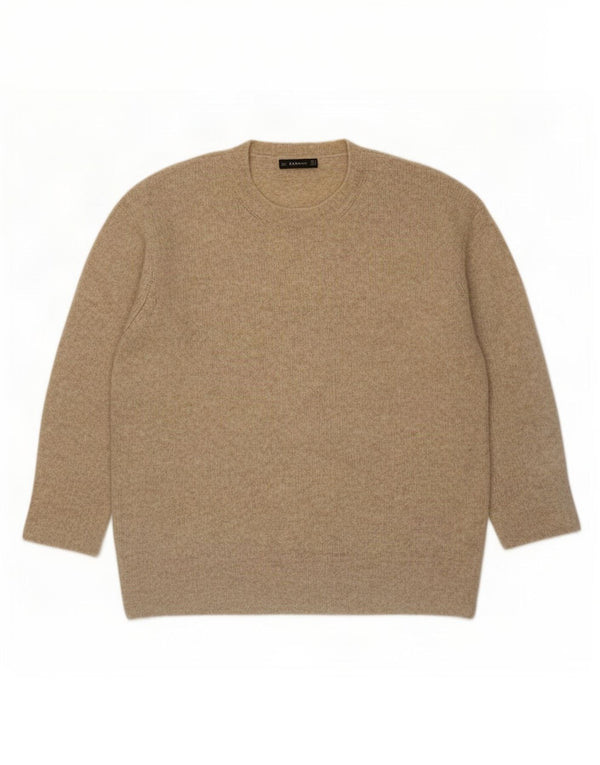Zara Womens Oversized Crew Neck Jumper Sweater UK 14 Medium Beige Acrylic