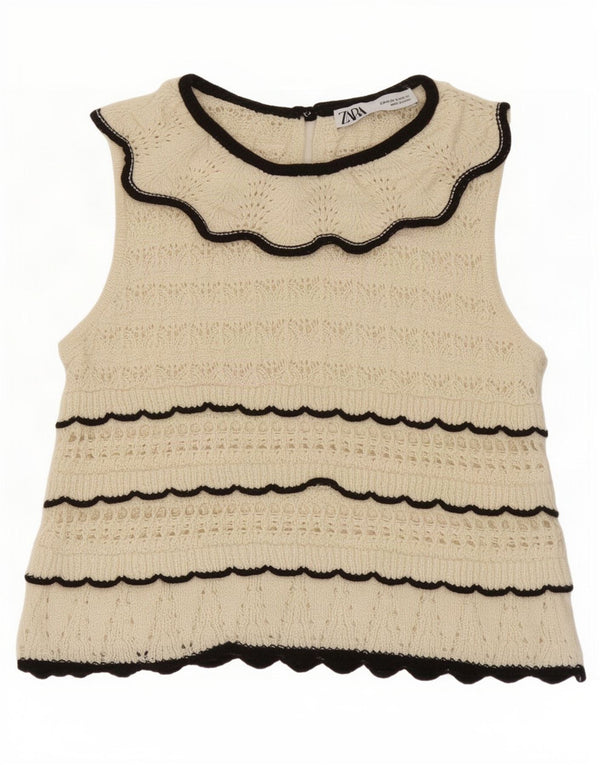 Zara Womens Crop Sleeveless Knit Blouse Top UK 12 Medium Off White Striped