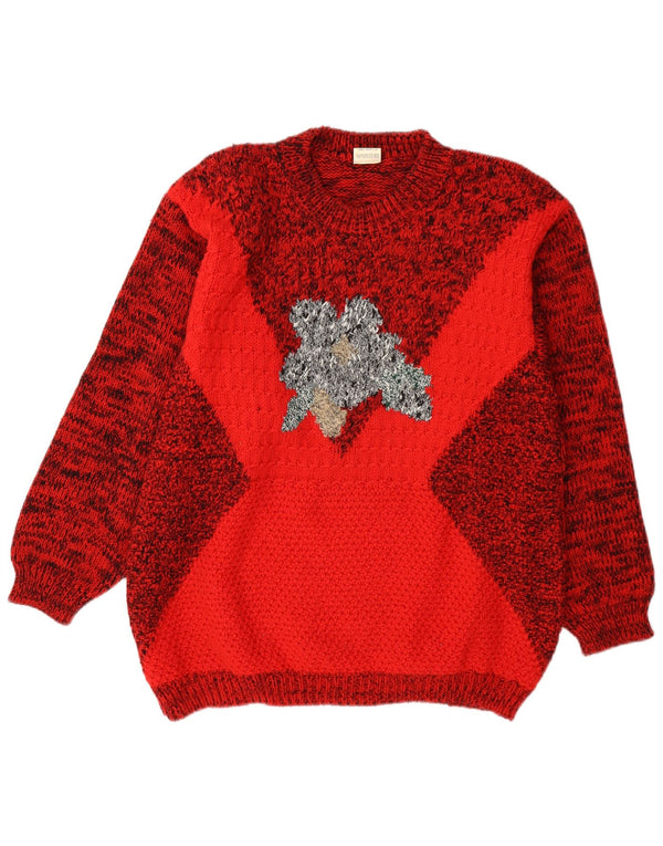 Vintage Womens Graphic Crew Neck Jumper Sweater UK 14 Medium Red Flecked