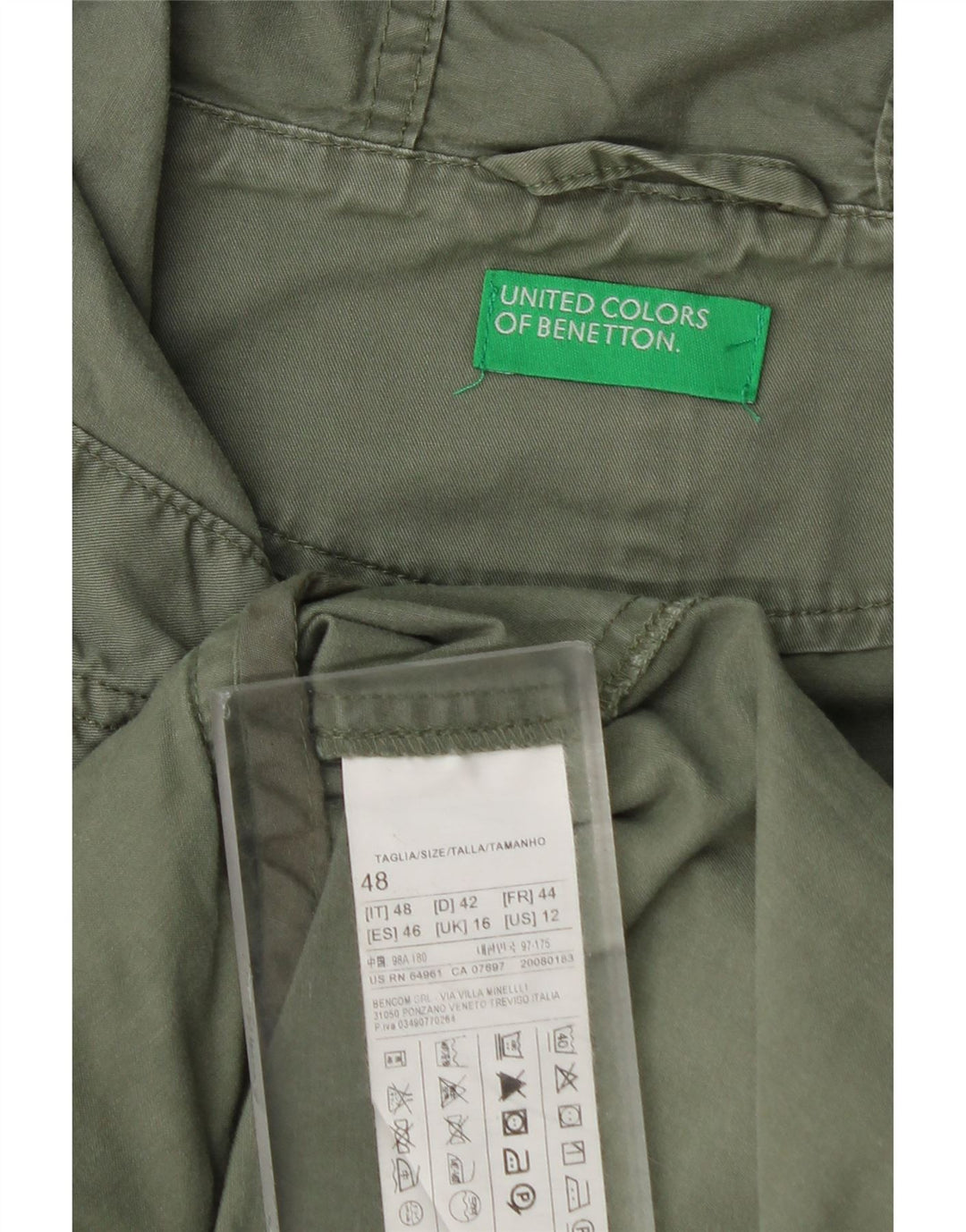 Benetton Womens Hooded Parka Jacket UK 16 Large Khaki Cotton