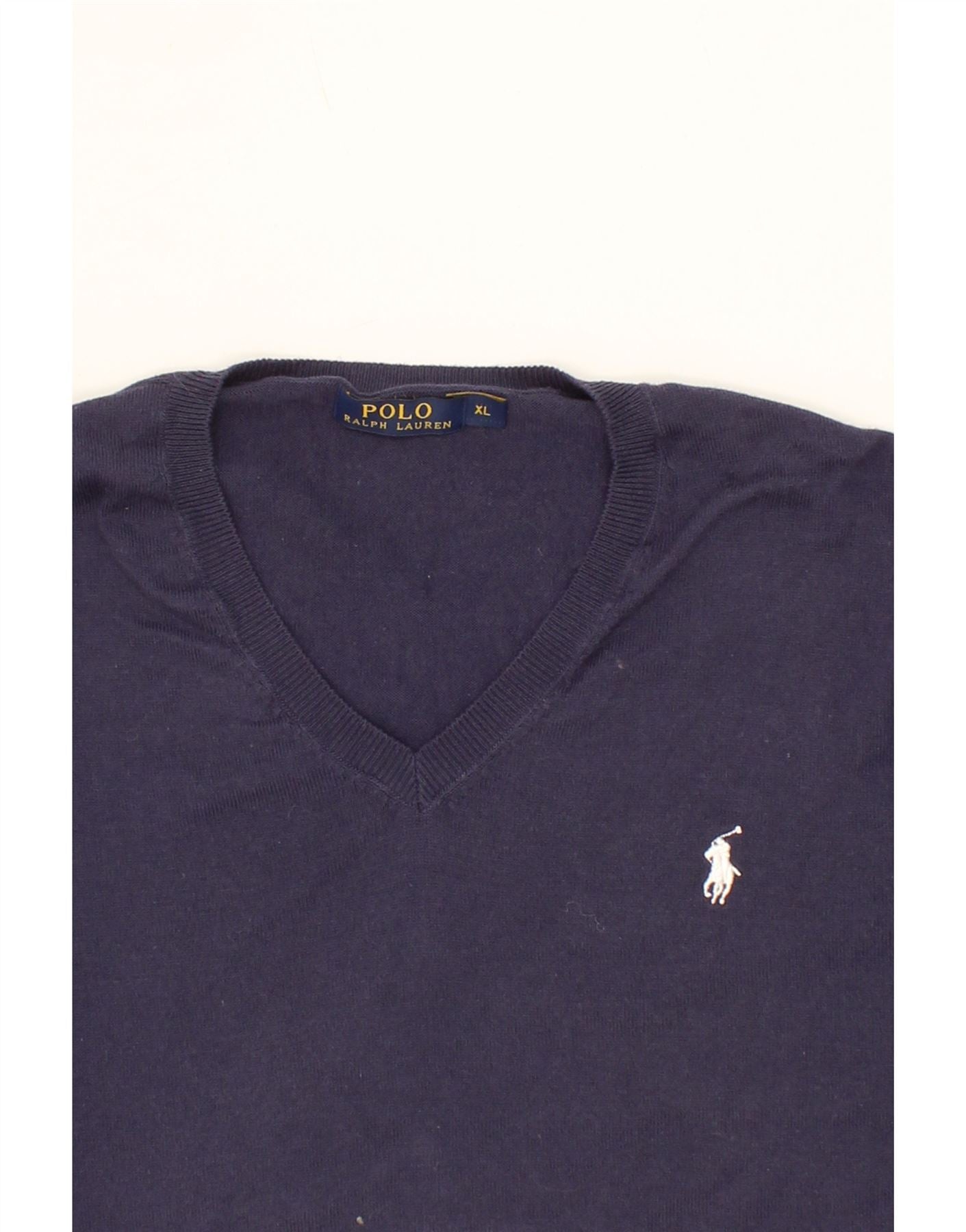 POLO RALPH LAUREN Mens V Neck Jumper Sweater XL Navy Blue Cotton Vintage Second Hand Clothing Online Messina Hembry