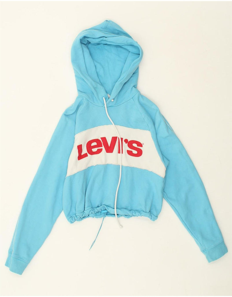 LEVI'S Womens Graphic Crop Hoodie Jumper UK 6 XS Blue Colourblock | Vintage Levi's | Thrift | Second-Hand Levi's | Used Clothing | Messina Hembry 