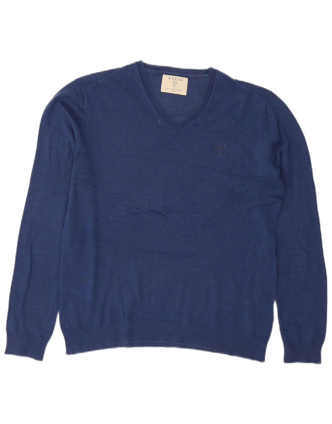 GUESS Mens V-Neck Jumper Sweater  UK 40 Medium Blue Cotton