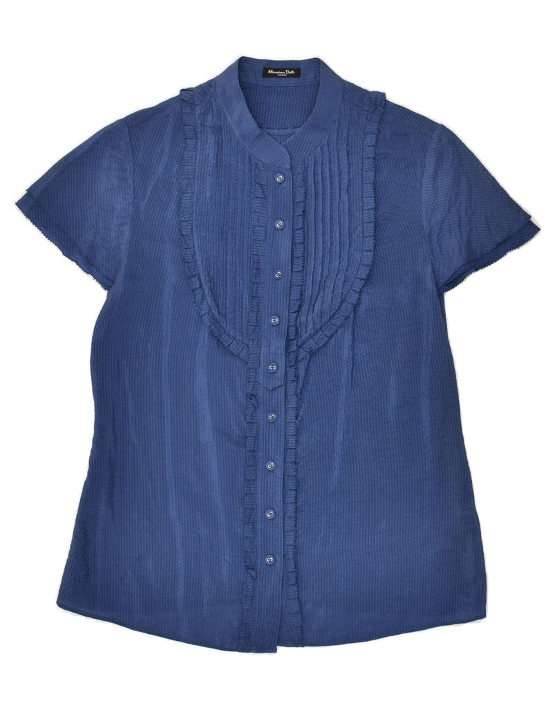 MASSIMO DUTTI Womens Ruffle Front Shirt EU 40 Medium Navy Blue Silk | Vintage Massimo Dutti | Thrift | Second-Hand Massimo Dutti | Used Clothing | Messina Hembry 