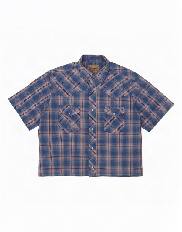 Wrangler Mens Western Short Sleeve Shirt Large Blue Check Cotton