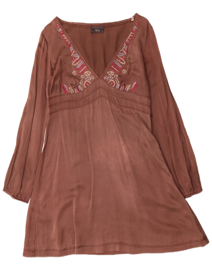 Replay Womens Graphic Long Sleeve A-Line Dress UK 12 Medium Brown Silk