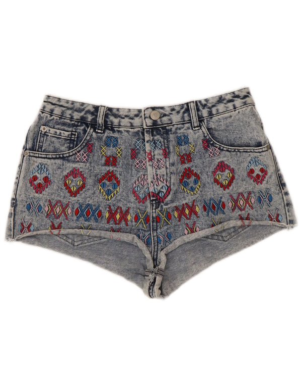 Topshop Womens High Waist Denim Hot Pants UK 12 Medium W30 Blue Geometric