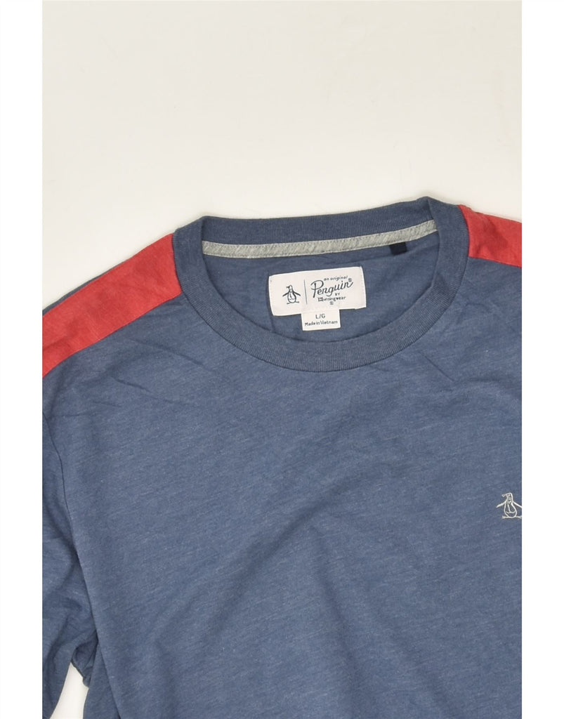 PENGUIN Mens T-Shirt Top Large Blue Colourblock Cotton | Vintage Penguin | Thrift | Second-Hand Penguin | Used Clothing | Messina Hembry 