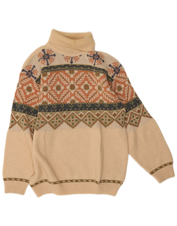 Vintage Womens Roll Neck Jumper Sweater UK 14 Large Beige Fair Isle Wool