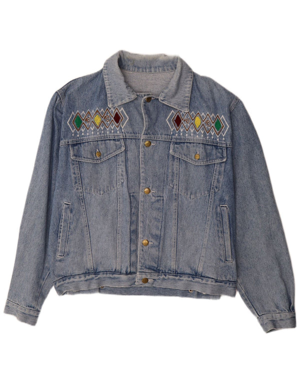 Cherokee Mens Graphic Denim Jacket UK 40 Large Blue Geometric Cotton