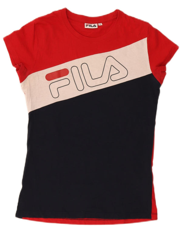 Fila Womens Graphic T-Shirt Top UK 12 Medium Red Colourblock Cotton