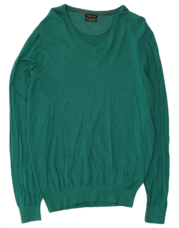 Massimo Dutti Mens V-Neck Jumper Sweater Large Green Cotton