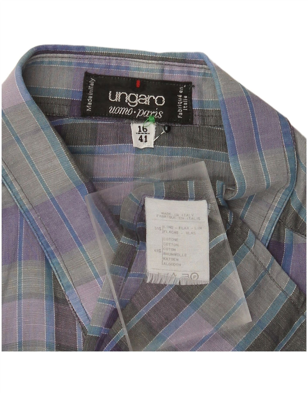 Ungaro Mens Short Sleeve Shirt Size 16 41 Large Purple Check Linen