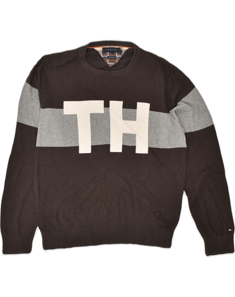 TOMMY HILFIGER Mens Crew Neck Jumper Sweater Large Brown Colourblock | Vintage Tommy Hilfiger | Thrift | Second-Hand Tommy Hilfiger | Used Clothing | Messina Hembry 