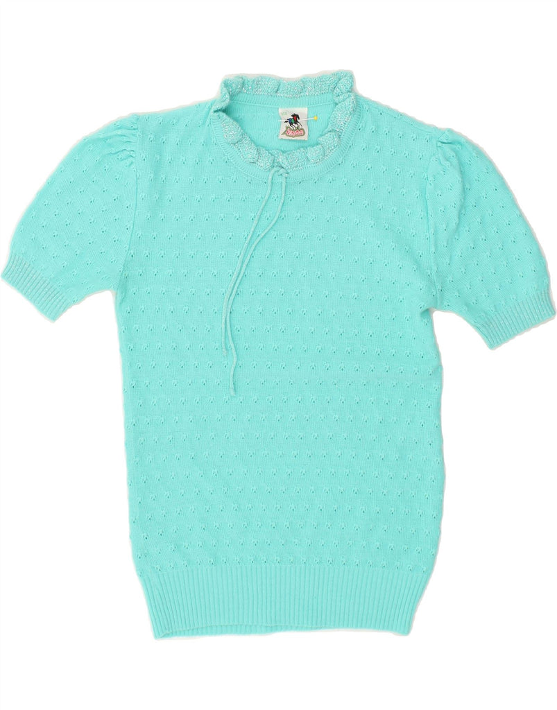 VINTAGE Girls Short Sleeve Crew Neck Jumper Sweater 13-14 Years Turquoise Vintage Vintage and Second-Hand Vintage from Messina Hembry 