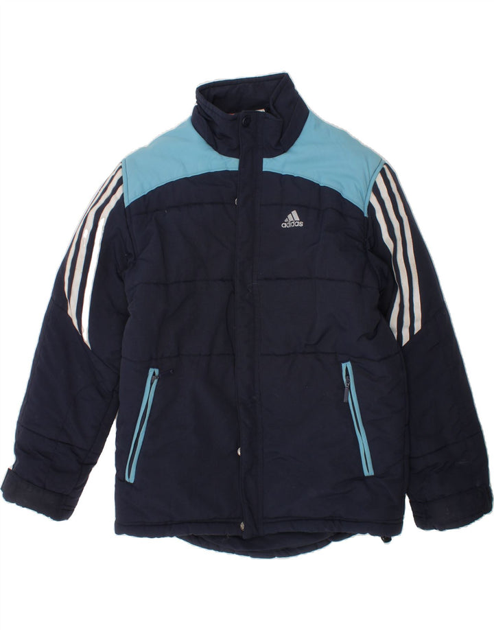 ADIDAS Boys Graphic Padded Jacket 9-10 Years Navy Blue Colourblock Vintage Adidas and Second-Hand Adidas from Messina Hembry 