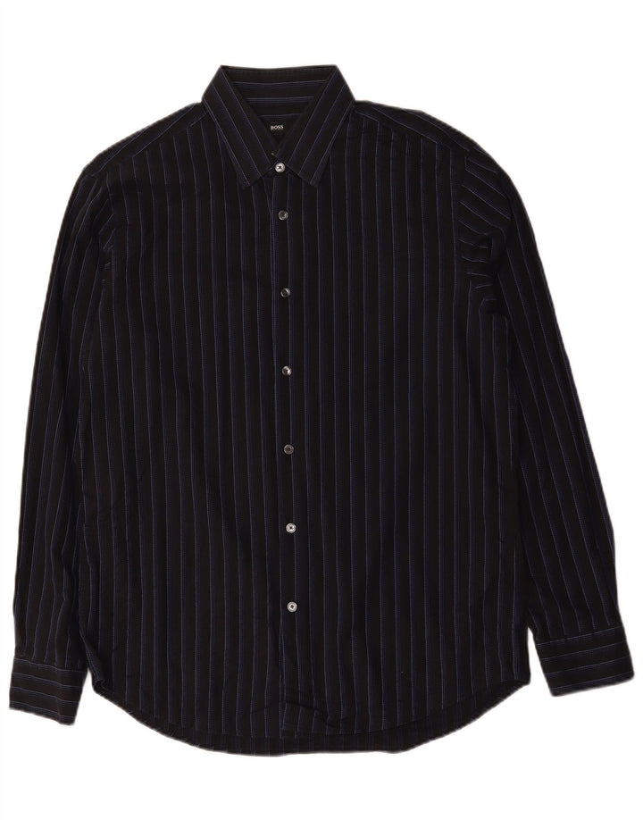 Hugo Boss Mens Shirt Size 41 16 Large Black Striped Cotton