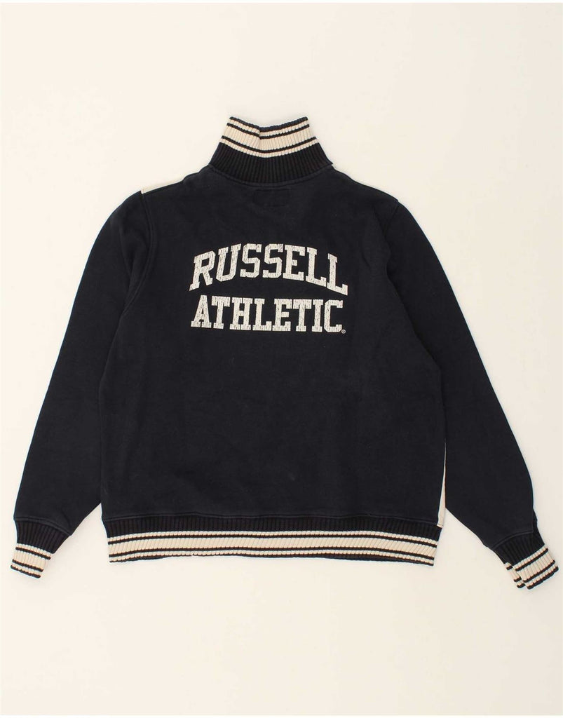 RUSSELL ATHLETIC Mens Graphic Zip Neck Sweatshirt Jumper Large Navy Blue Vintage Russell Athletic and Second-Hand Russell Athletic from Messina Hembry 