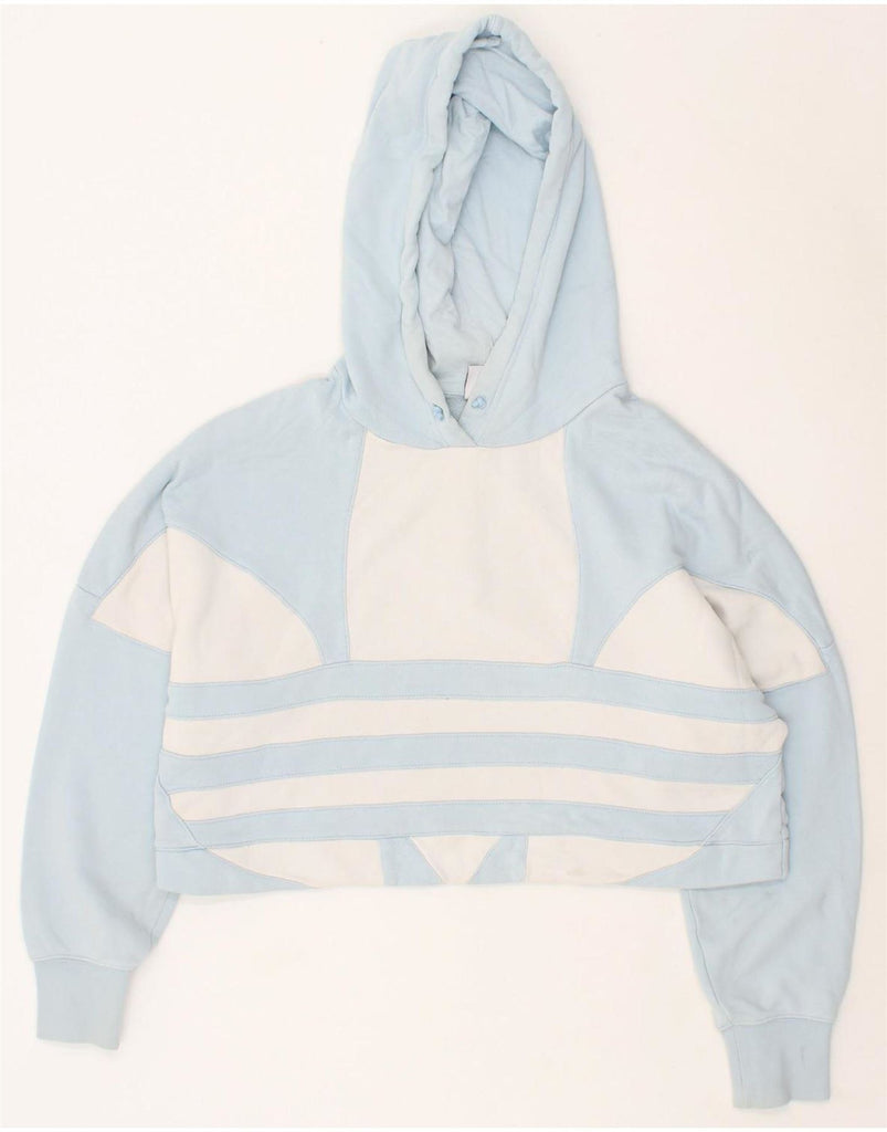 ADIDAS Womens Graphic Crop Hoodie Jumper UK 10 Small Blue Cotton Vintage Adidas and Second-Hand Adidas from Messina Hembry 