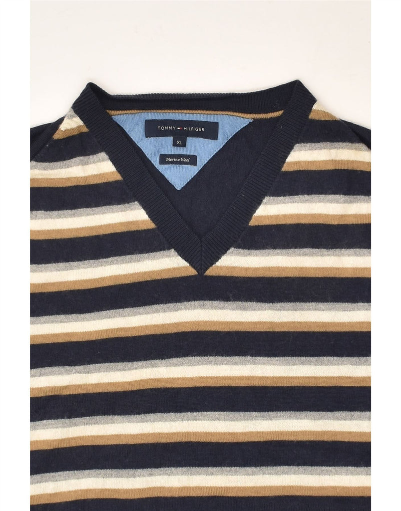 TOMMY HILFIGER Mens V-Neck Jumper Sweater XL Navy Blue Striped Merino Wool | Vintage Tommy Hilfiger | Thrift | Second-Hand Tommy Hilfiger | Used Clothing | Messina Hembry 