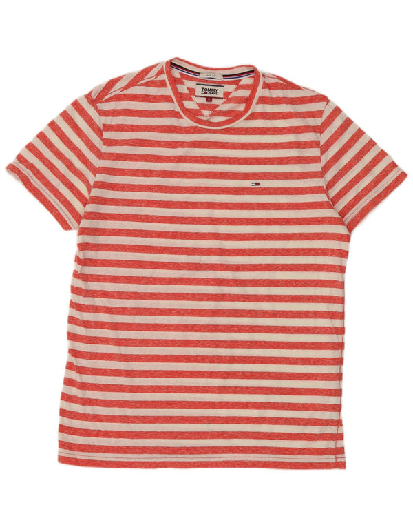 Tommy Jeans Mens Slim Fit T-Shirt Top Large Red Striped Polyester