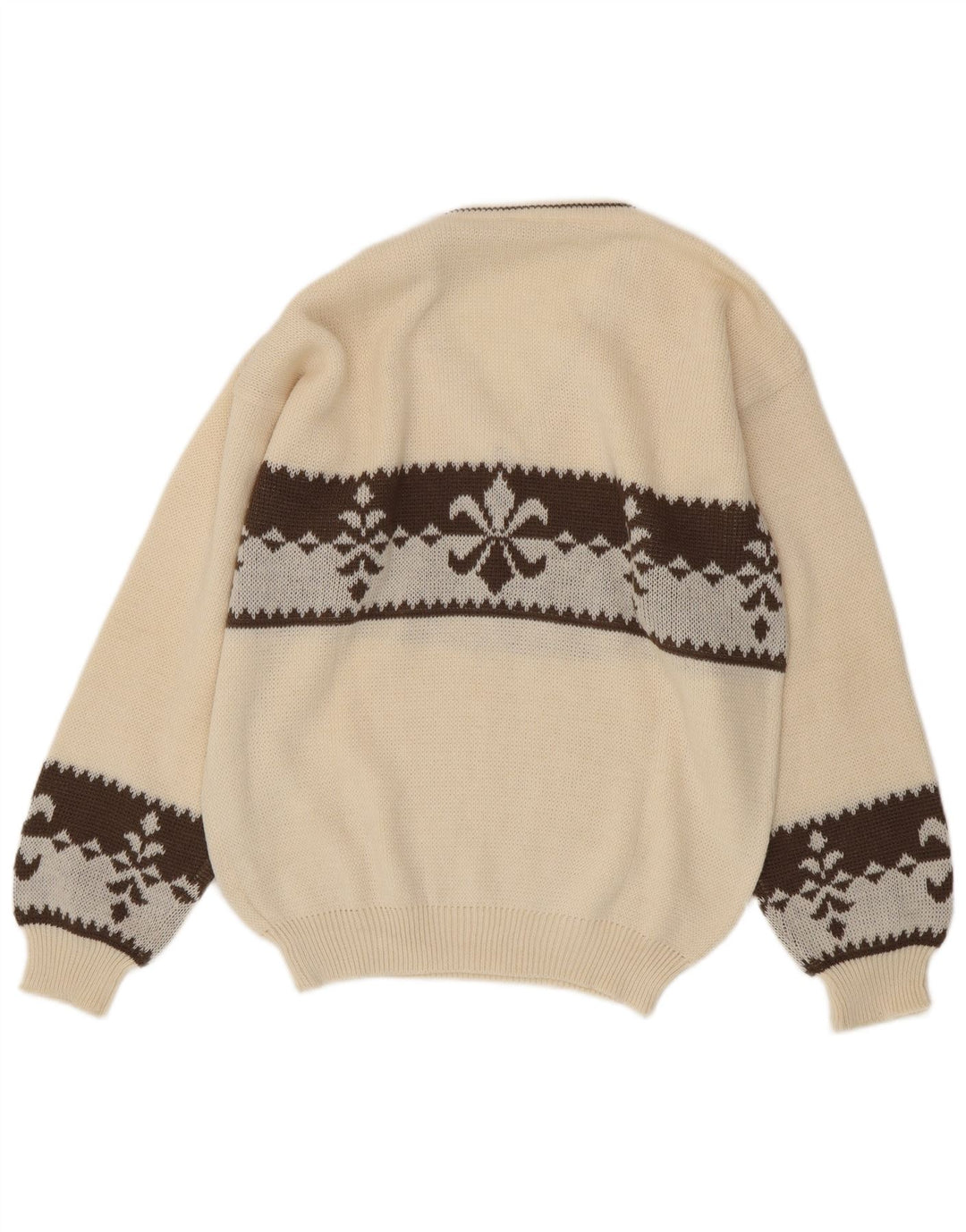 Vintage Mens V-Neck Jumper Sweater Large White Fair Isle Wool