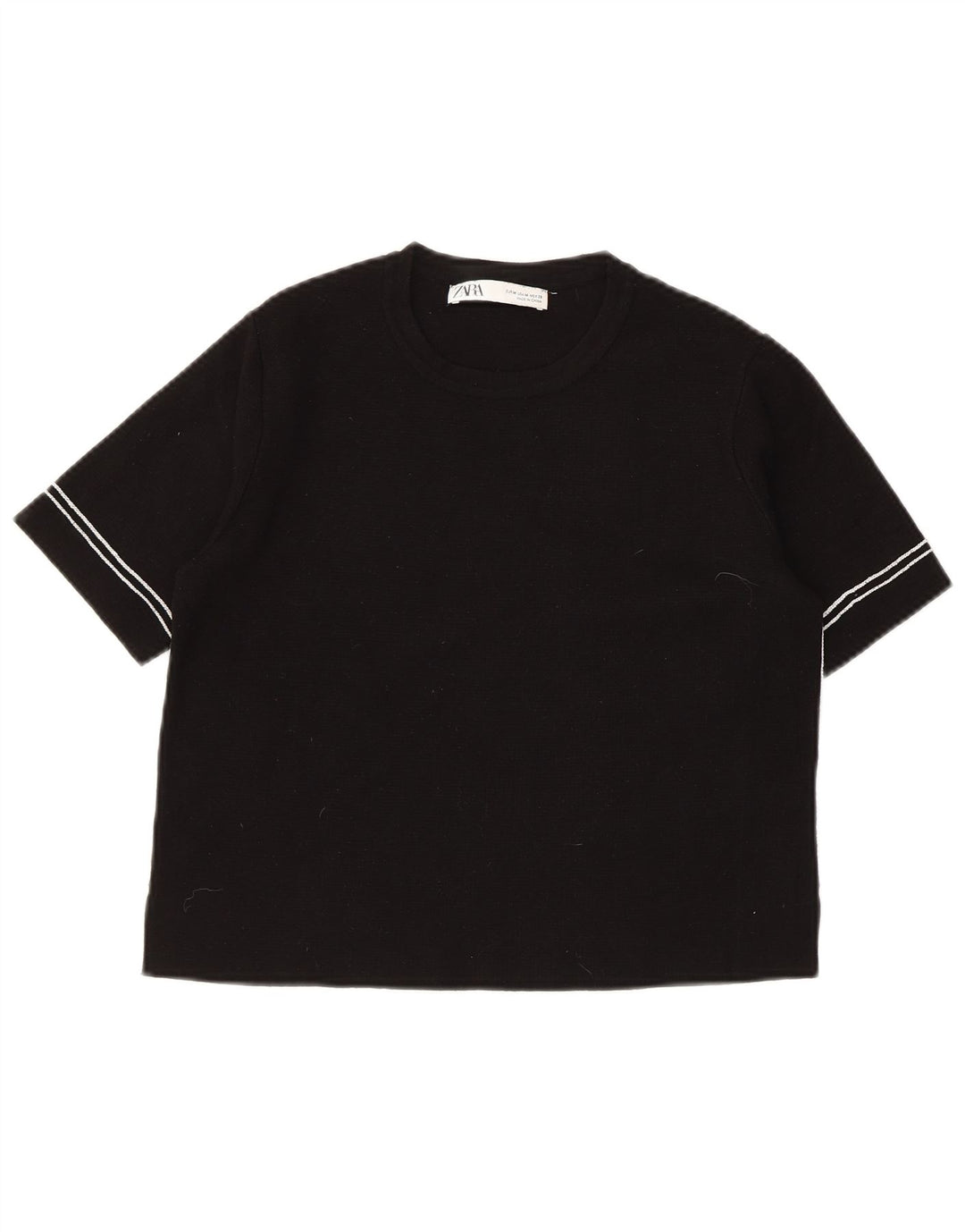 ZARA Womens Crop Short Sleeve Crew Neck Jumper Sweater UK 12 Medium Black