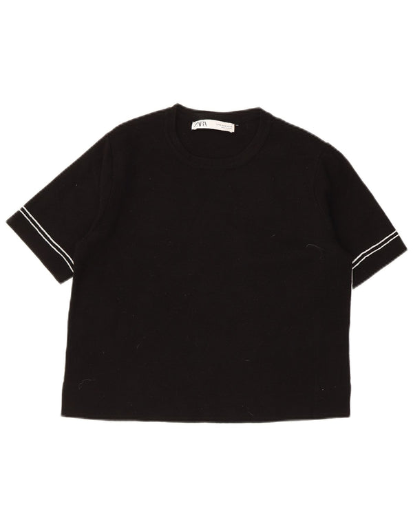ZARA Womens Crop Short Sleeve Crew Neck Jumper Sweater UK 12 Medium Black